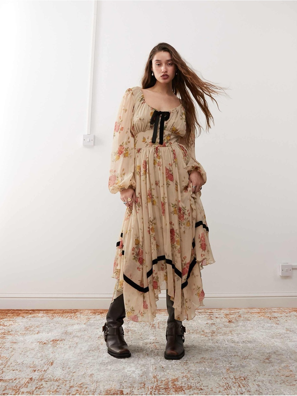 ASOS Reclaimed Vintage Tan Floral Midi Dress sz 8